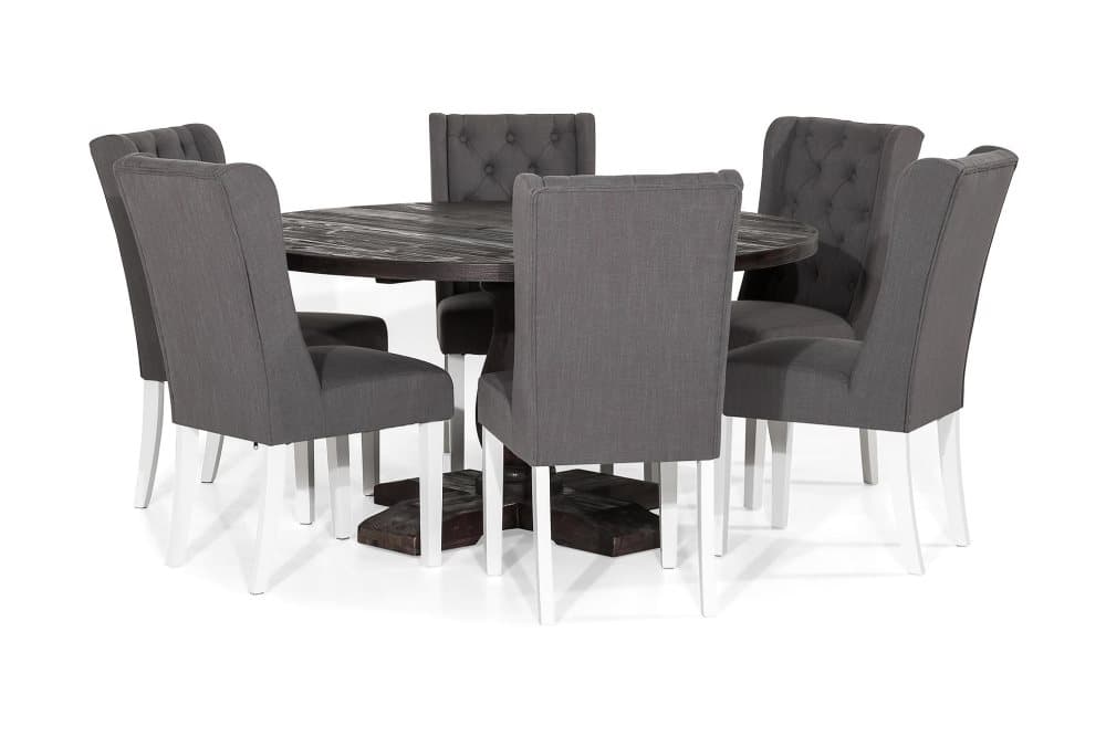 BORIS Matgrupp Rund 150 + 6 SELMA Stol Vintage Alm/Vit/Grå