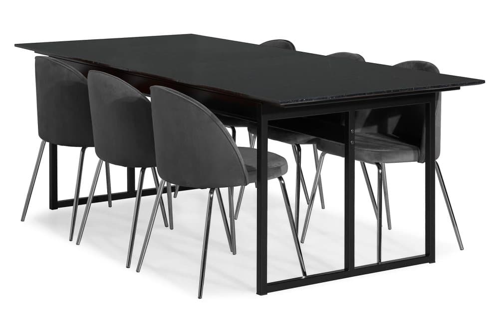 CARRIE Matbord Marmor Svart + 6 SANDRO Stol Sammet Grå/krom