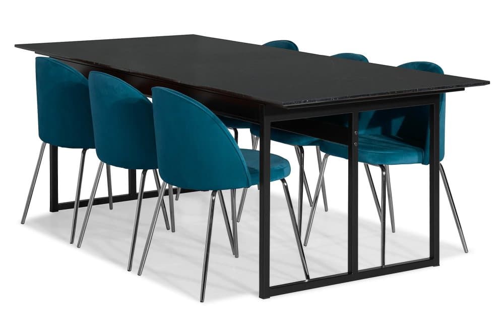 CARRIE Matbord Marmor Svart + 6 SANDRO Stol Sammet Blå/Krom