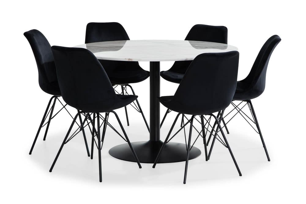 GENEVA Matgrupp 120 Marmor Vit + 6 ZENIT Stol Sammet Svart