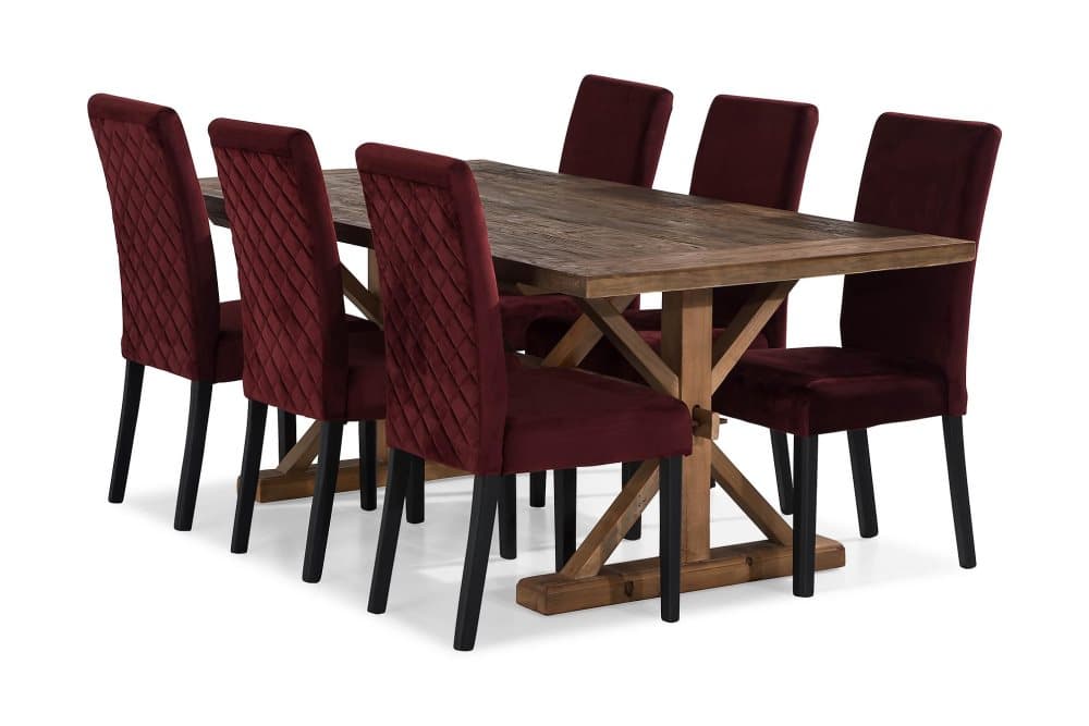 LIRE Förlängningsbart Bord 200 Natur + 6 MATTIA Stol Röd