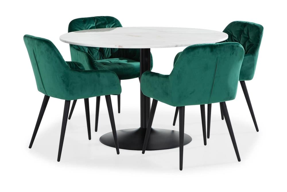 GENEVA Matgrupp 120 cm Rund Marmor + 4 MARY Stol Sammet Vit