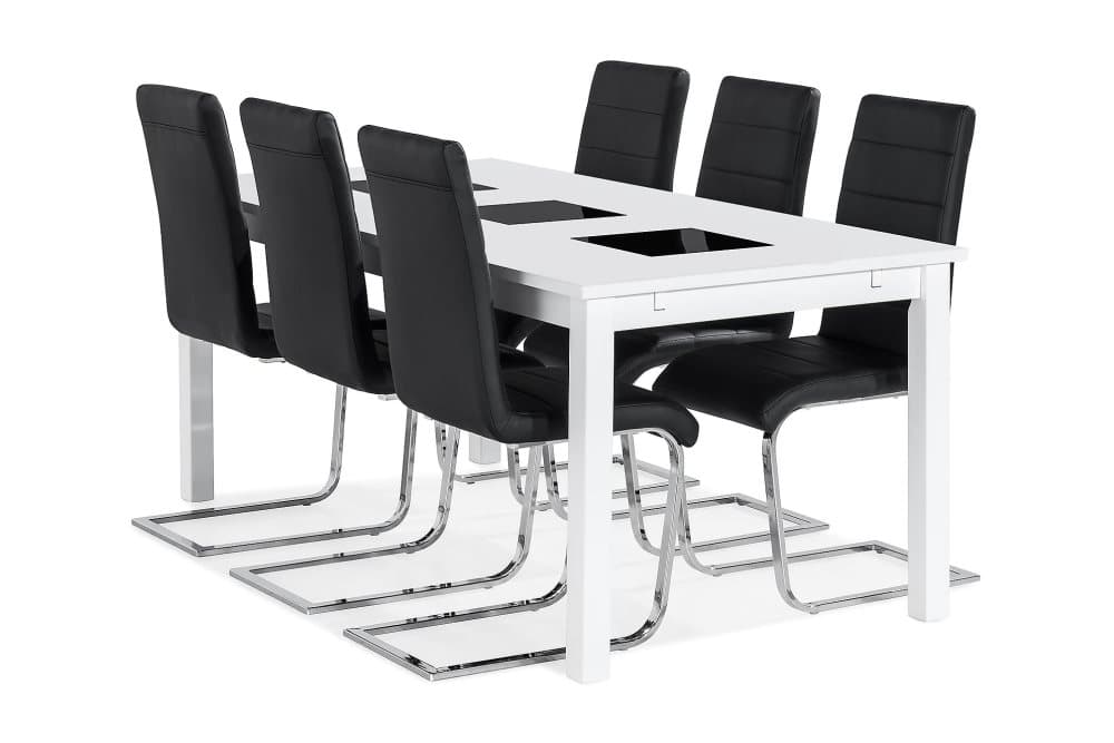 BARROW Förlängningsbart Bord 180 Vit + 6 CIBUS Stol Svart PU