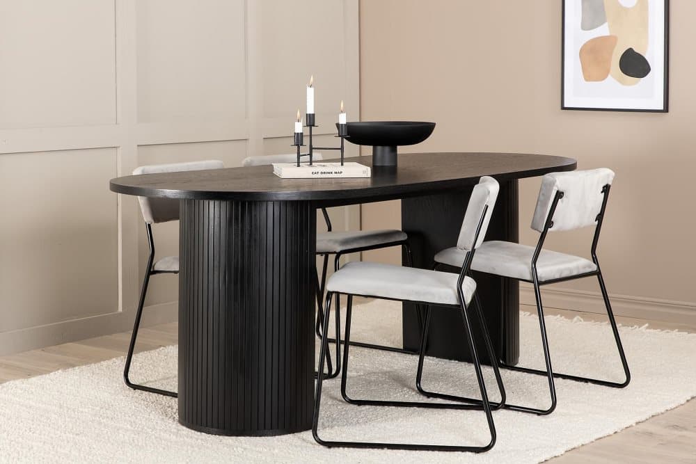 ABIANC Bord 200cm Ovalt Svart+4 KERPEN Sammetsstolar Ljusgrå