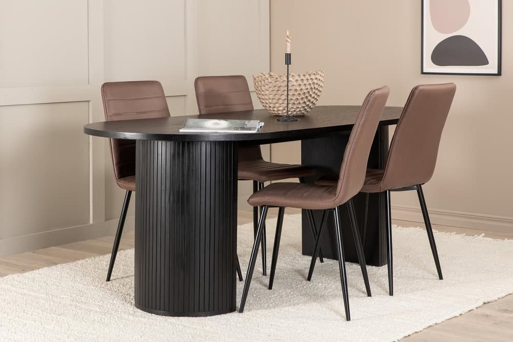 ABIANC Matbord 200 cm Ovalt Svart + 4 WEI Stolar Brun