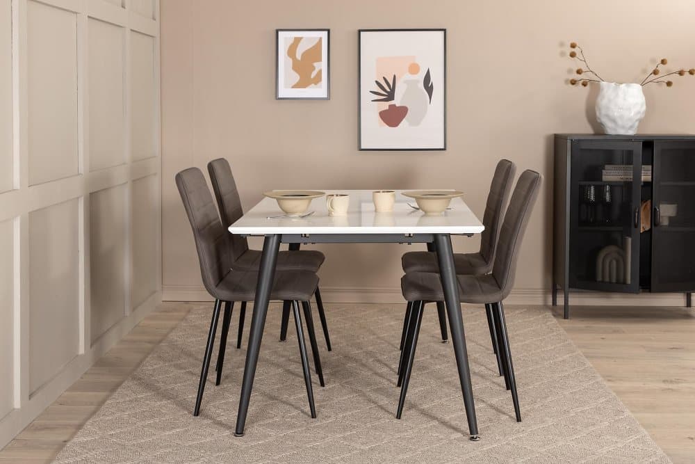 YMMIJ Förlängningsbart Bord 150cm Vit/Svart+4 WEI Stolar Grå