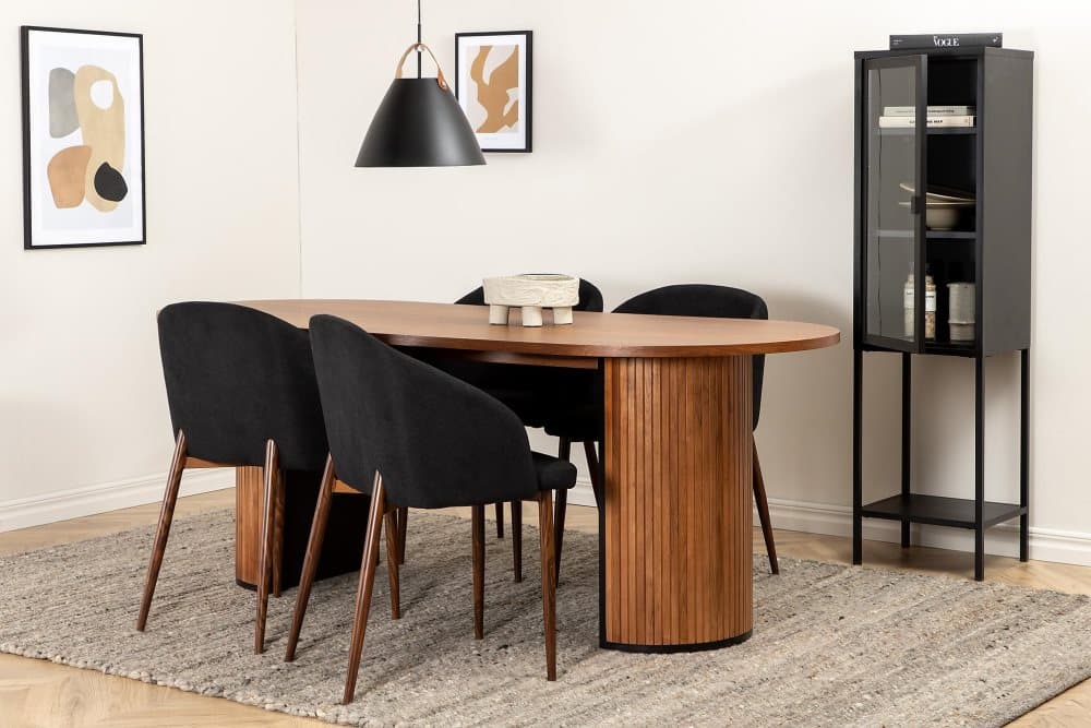 ABIANC Bord 200cm Ovalt Valnötsbrun+4 INTORP Stol Svart/Brun