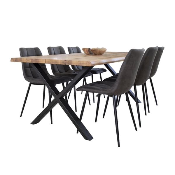 Tony spisebordssæt , 1 spisebord og 6 stole, mørkegrå og eg.