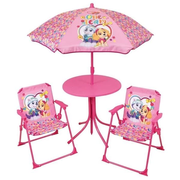FUN HOUSE PAT'PATROUILLE Trädgårdsmöbler - 1 bord 46xø46 cm, 2 stolar H.53xB.38.5xD.37.5cm och 1 parasoll