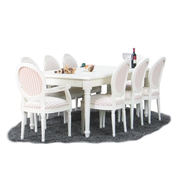 Amaretta spisegruppe 100x180/280 inkl. 2 tilleggsplate antikk hvit med 2+6 Rokokko stoler antikk hvit/beige.