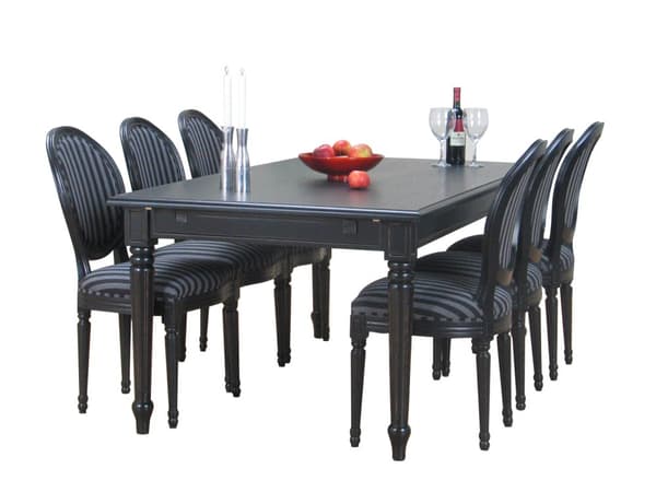 Amaretta spisegruppe 100x180/280 inkl. 2 tilleggsplater svart med 6 Rokokko stoler antikk svart/grå.