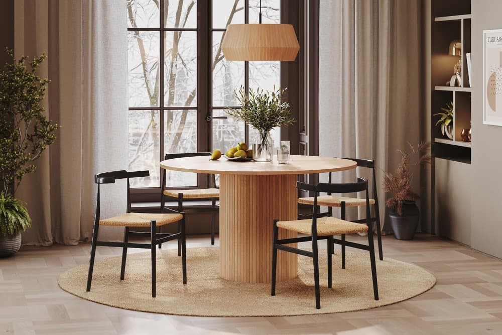 RAMSTA Bord 130 cm Rund Beige + 4 DARLEY Stolar Svart