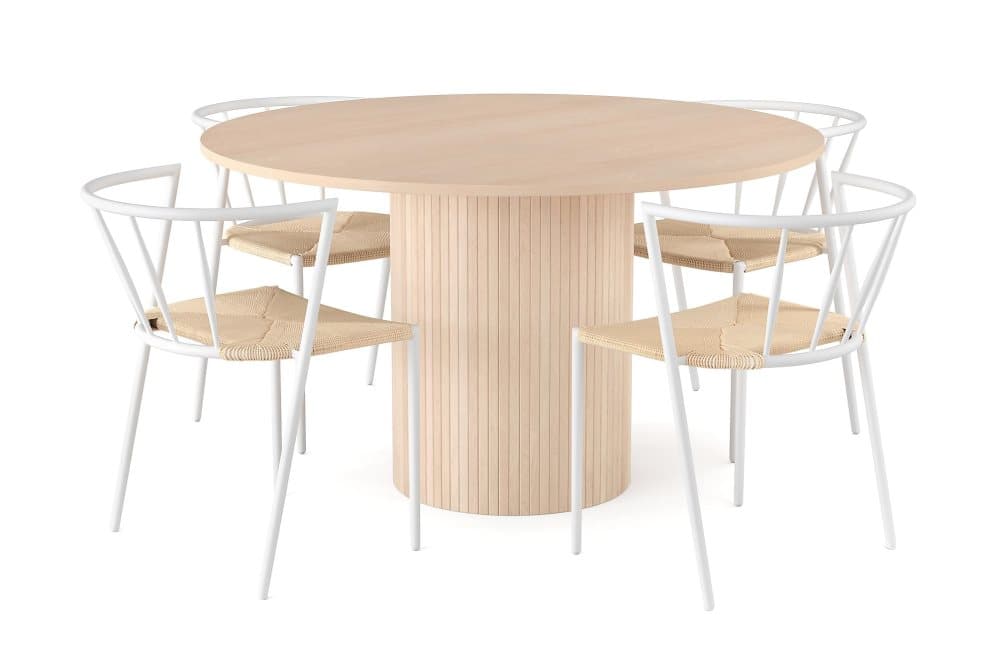 RAMSTA Bord 130 cm Rund Beige + 4 EWALD Stolar Vit