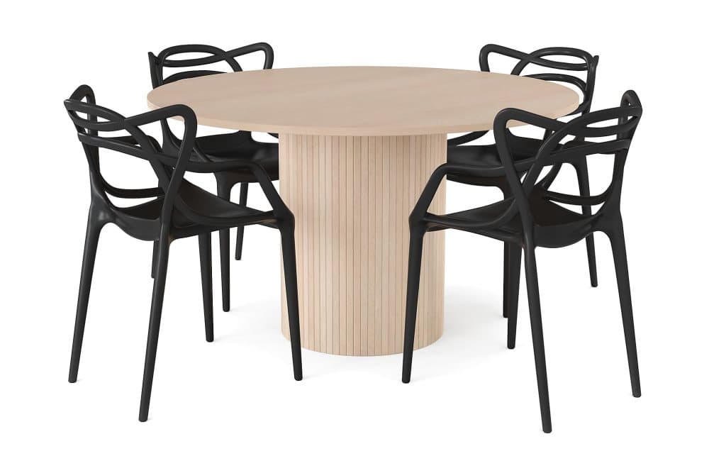 RAMSTA Bord 130 cm Rund Beige + 4 DEEMS Stolar Svart