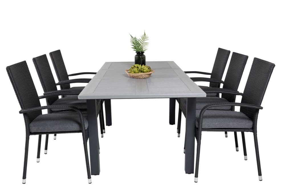 Albany Trädgårdset bord 90x152/210cm och 6 stole Anna svart, grå.