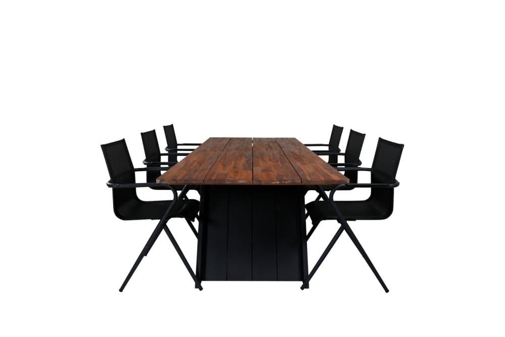 Doory Trädgårdset bord 100x250cm och 6 stole Alina svart, natur.