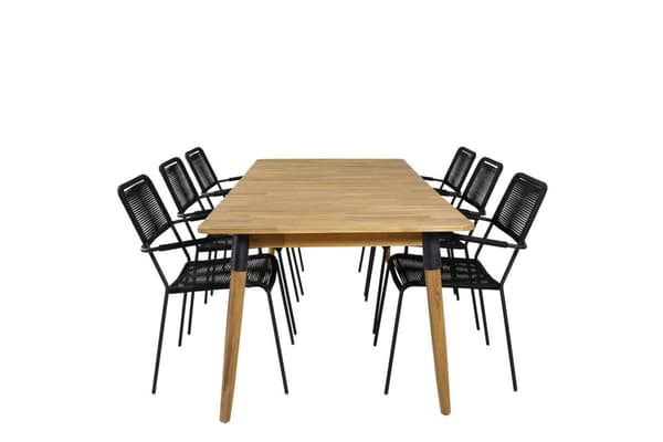 Julian havesæt bord 100x210cm og 6 stole armlæn Lindos sort, natur.