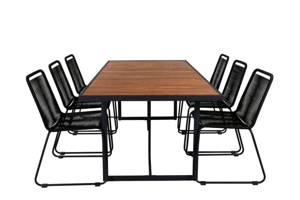 Khung Trädgårdset bord 100x200cm och 6 stole stapel Lindos svart, natur.
