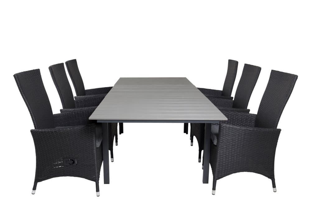 Levels Trädgårdset bord 100x160/240cm och 6 stole Padova svart, grå.