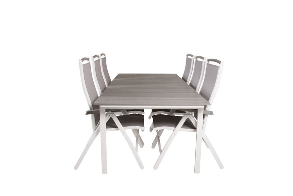 Levels Trädgårdset bord 100x229/310cm och 6 stole 5pos Albany vit, grå.
