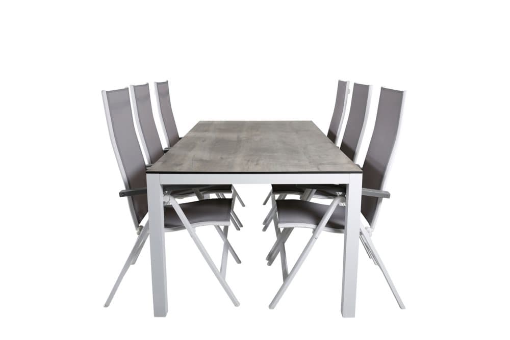 Llama Trädgårdset bord 100x205cm och 6 stole L5pos Albany vit, grå, gråvit.