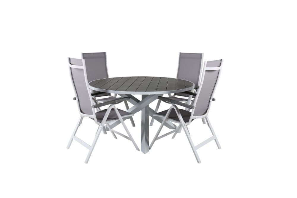 Parma Trädgårdset bord Ø140cm och 4 stole L5pos Albany vit, grå.