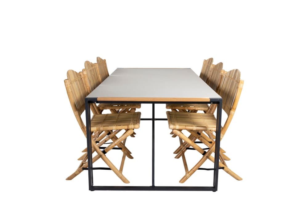 Texas Trädgårdset bord 100x200cm och 6 stole Cane grå, natur, svart.