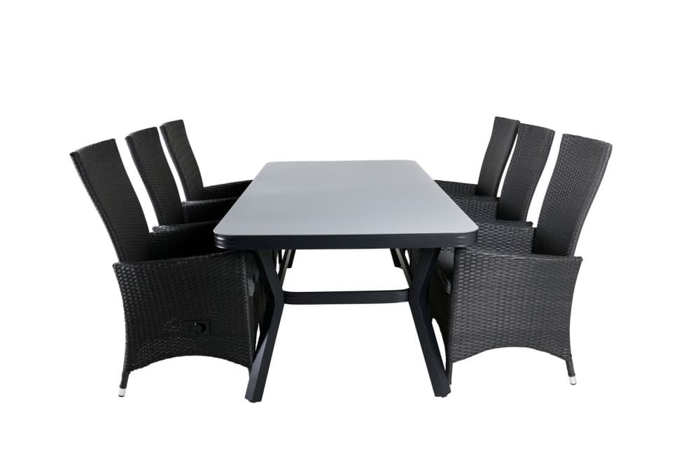 Virya Trädgårdset bord 100x200cm och 6 stole Padova svart, grå.