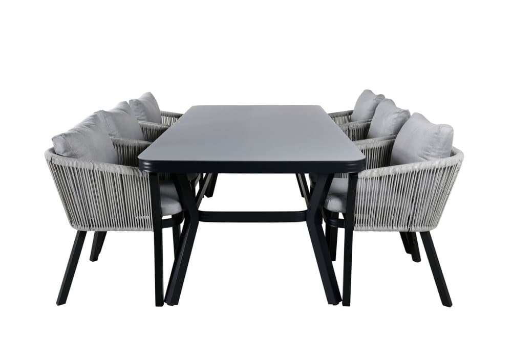 Virya Trädgårdset bord 100x200cm och 6 stole Virya vit, svart, grå.