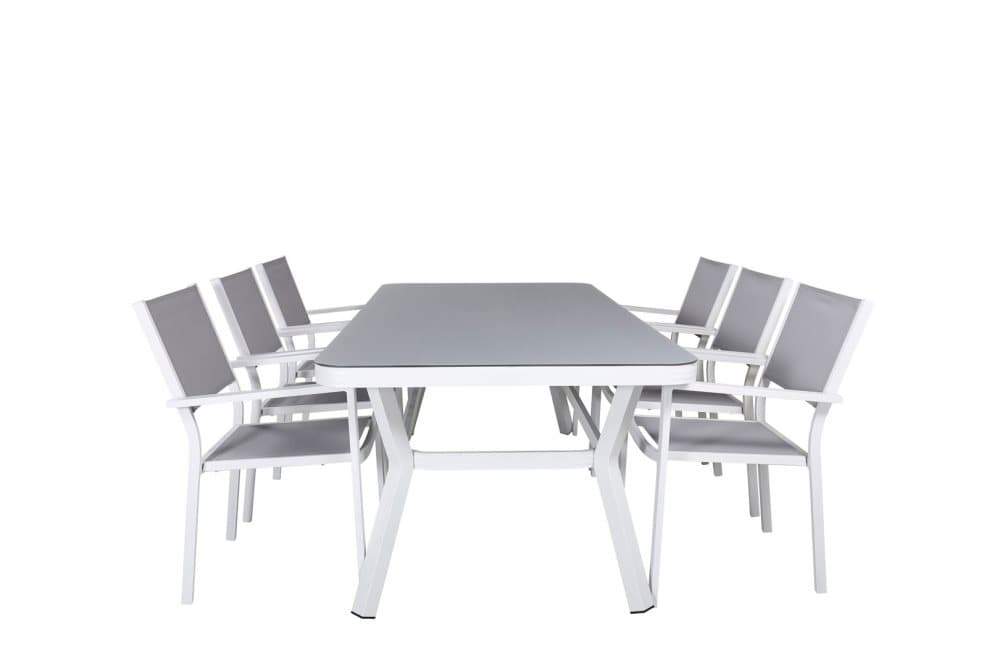 Virya Trädgårdset bord 100x200cm och 6 stole Copacabana svart, grå, vit.