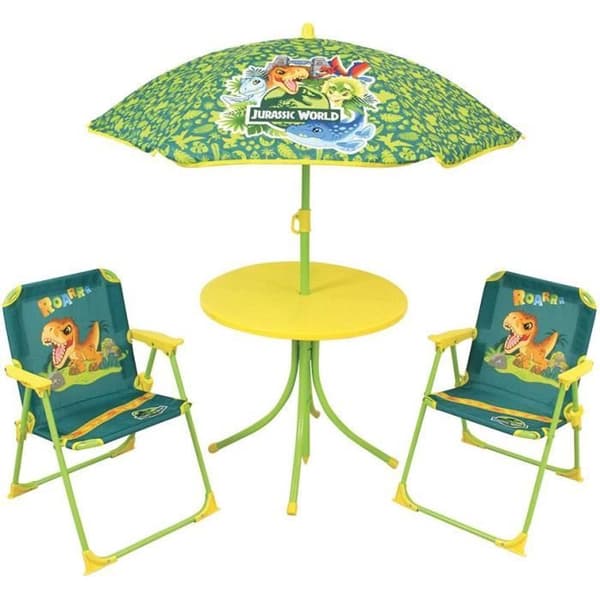 FUN HOUSE Jurassic Dinosaur trädgårdsmöbler - 1 bord 46 x ø46 cm, 2 stolar 53 x 38,5 x 37,5 cm och 1 parasoll 125 x ø100 cm