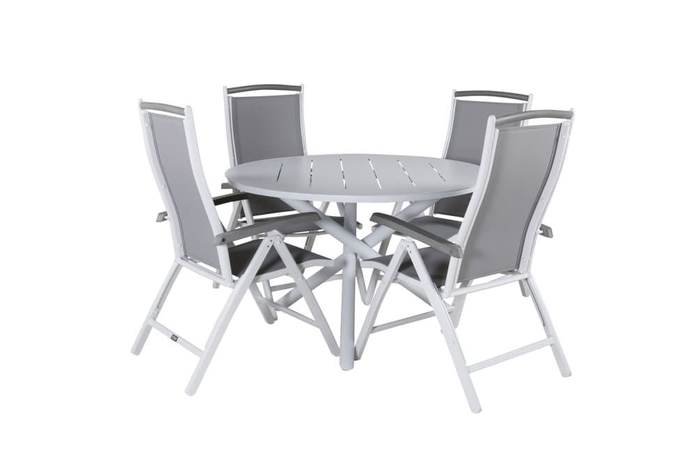 Alma Trädgårdset bord Ø120cm och 4 stole 5pos Albany vit.