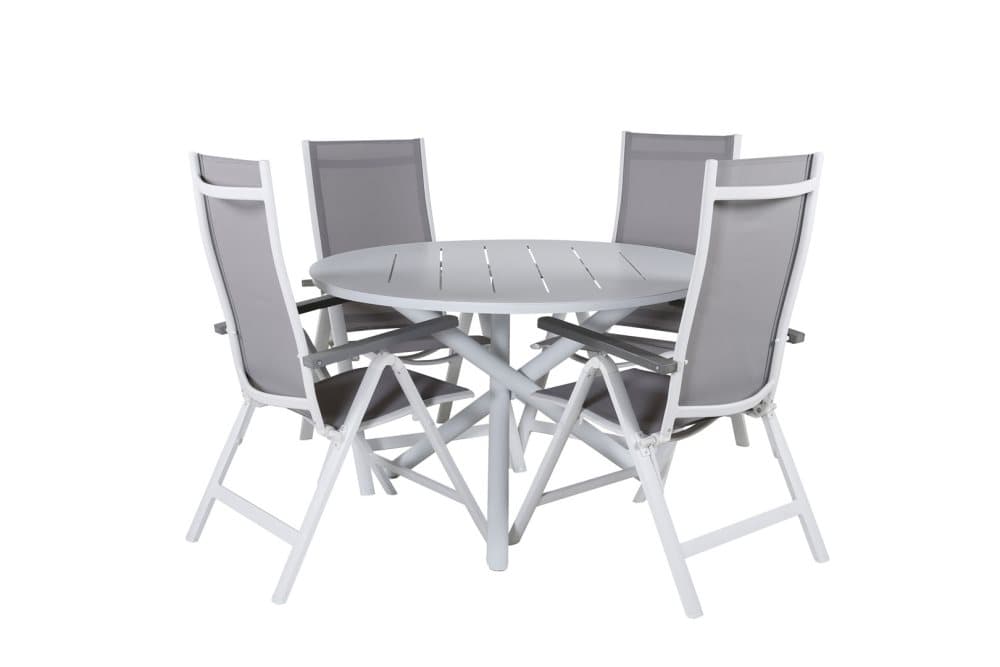 Alma Trädgårdset bord Ø120cm och 4 stole L5pos Albany vit.