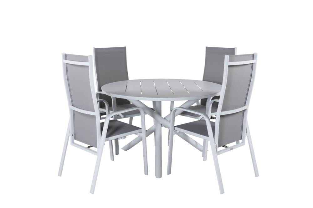 Alma Trädgårdset bord Ø120cm och 4 stole rec Copacabana vit.