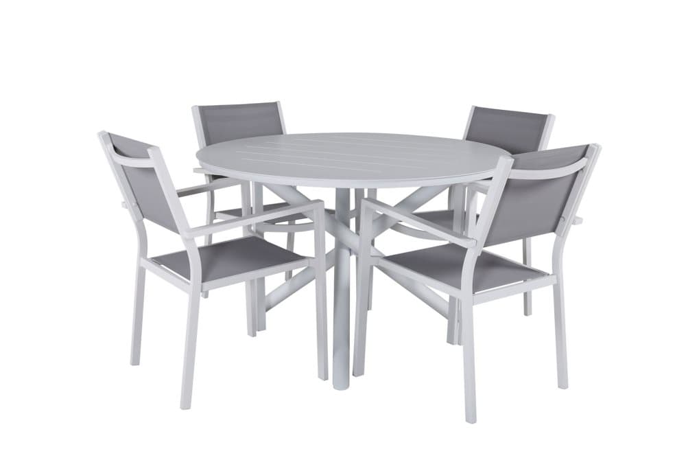 Alma Trädgårdset bord Ø120cm och 4 stole stapel Copacabana vit.