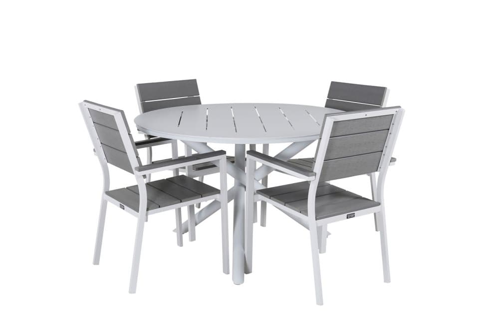 Alma Trädgårdset bord Ø120cm och 4 stole Levels vit.