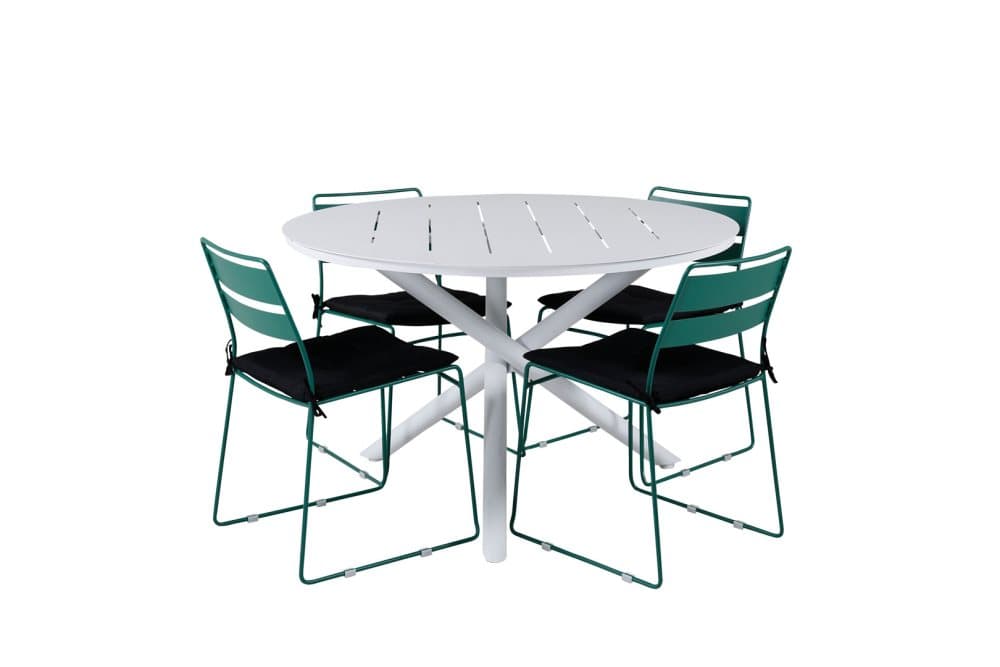 Alma Trädgårdset bord Ø120cm och 4 stole Lina grön, vit.