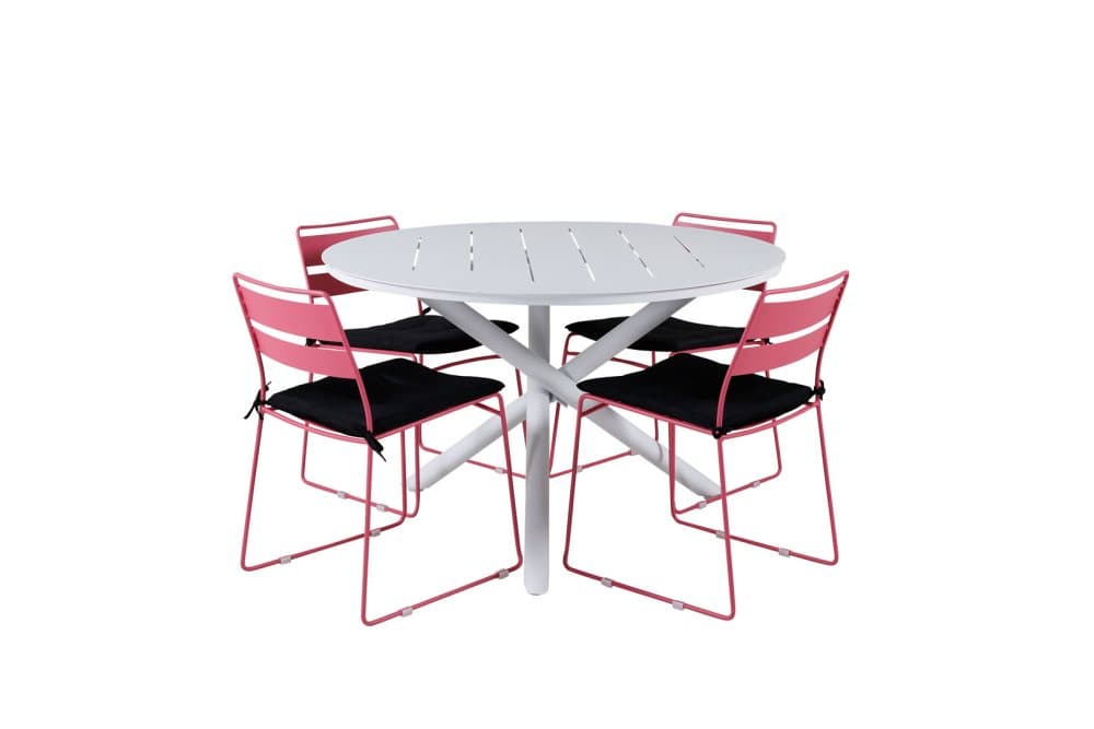 Alma Trädgårdset bord Ø120cm och 4 stole Lina rosa, vit.