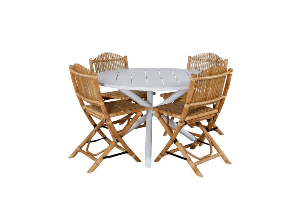 Alma Trädgårdset bord Ø120cm och 4 stole F Cane ljusgrå, natur, vit.