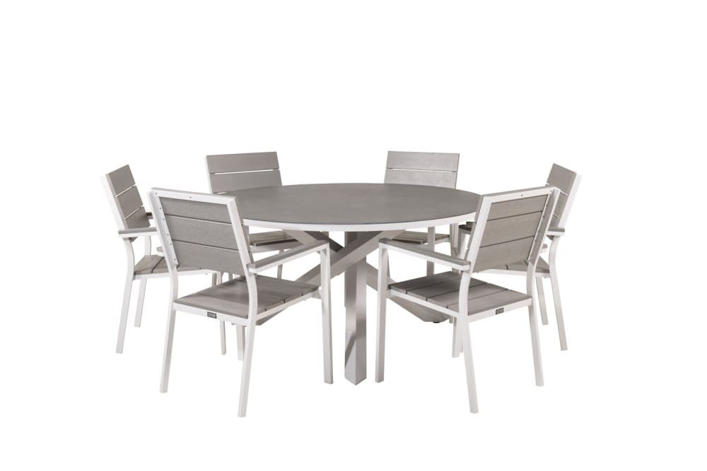 Copacabana Trädgårdset bord Ø140cm och 6 stole Levels vit, grå, gråvit.