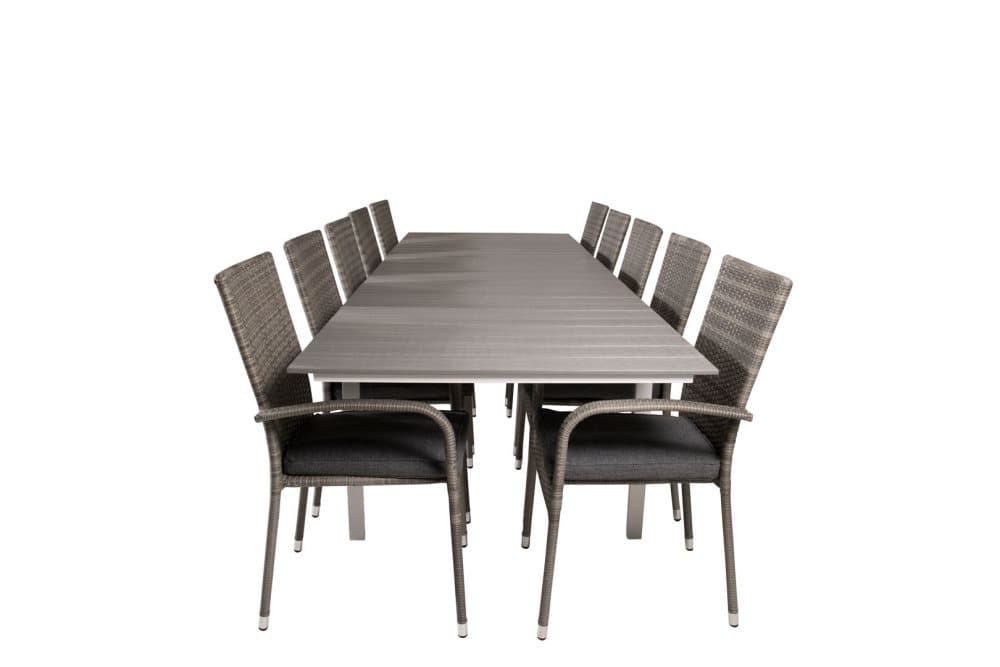 Levels Trädgårdset bord 100x229/310cm och 10 stole Anna grå.