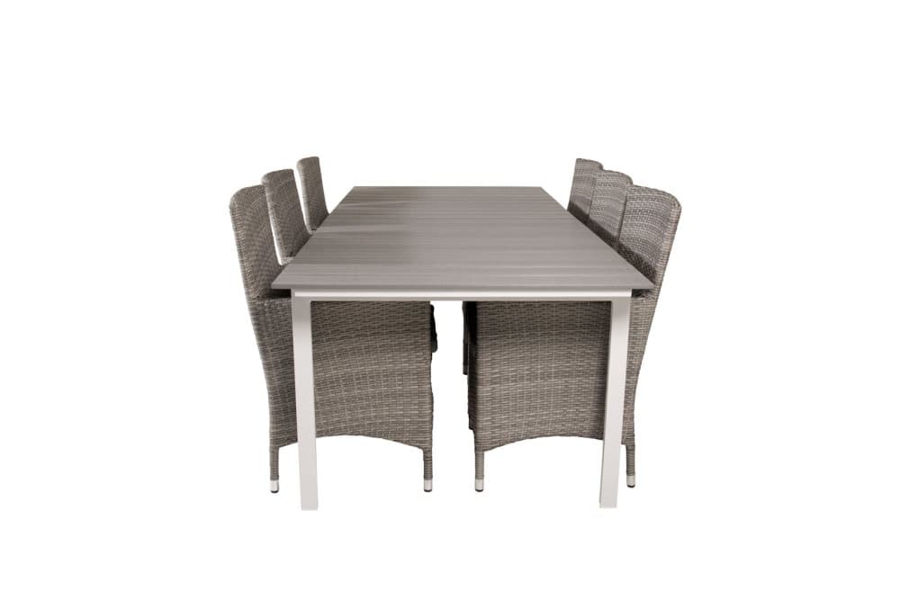 Levels Trädgårdset bord 100x229/310cm och 6 stole Malin grå.