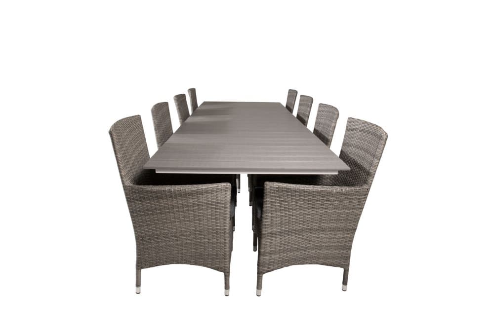 Levels Trädgårdset bord 100x229/310cm och 8 stole Malin grå.