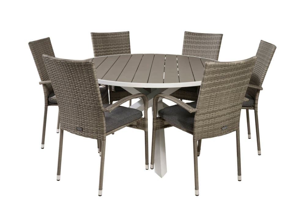 Parma Trädgårdset bord Ø140cm och 6 stole Anna grå.