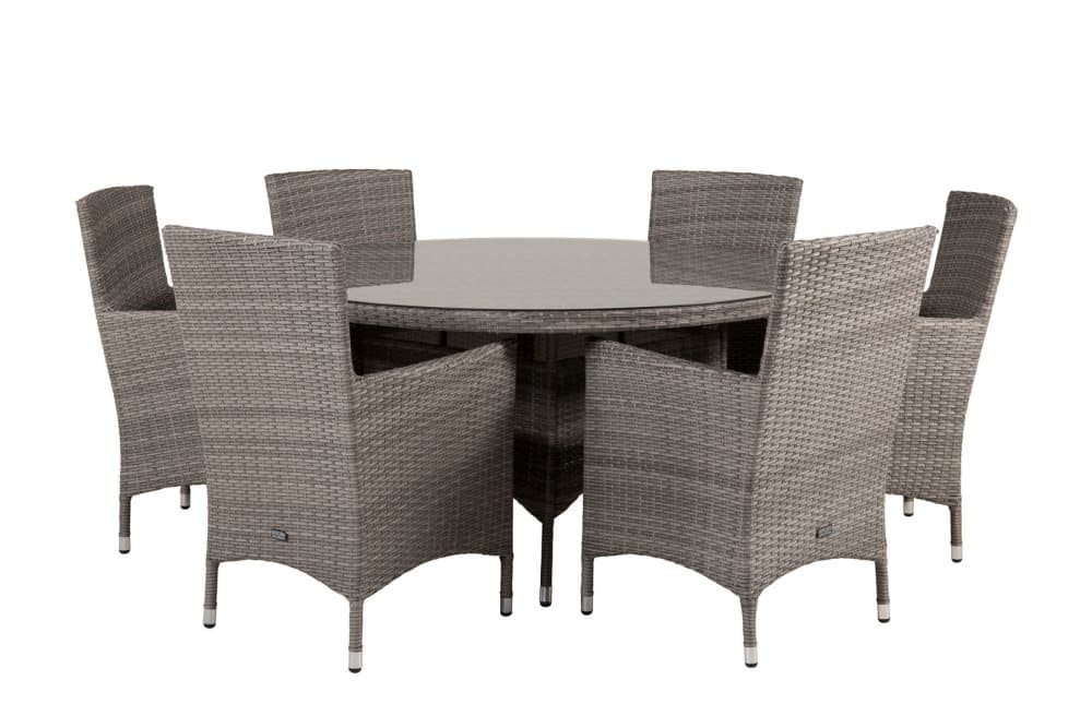 Volta Trädgårdset bord Ø150cm och 6 stole Malin grå.