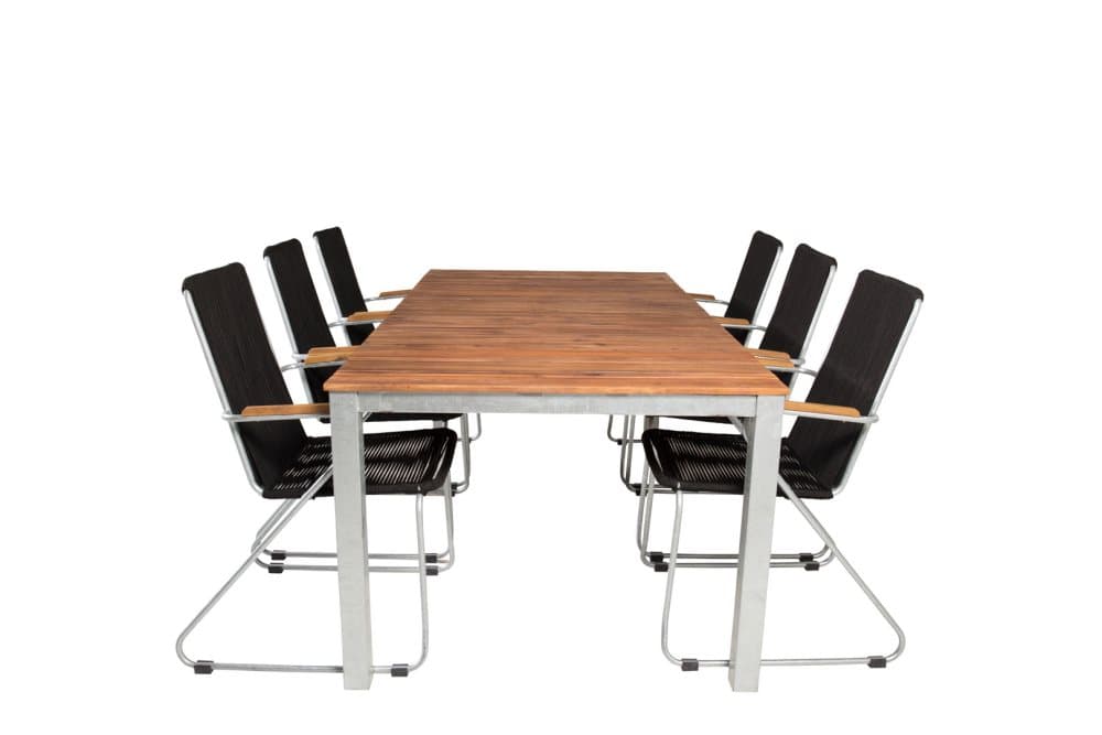 Zenia Trädgårdset bord 100x200cm och 6 stole Bois grå, natur, silverfärgad.