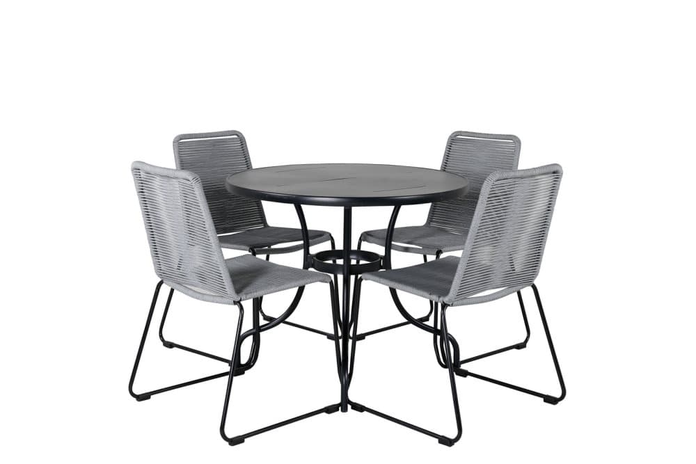 Nicke Trädgårdset bord Ø90cm och 4 stole Lindos svart.