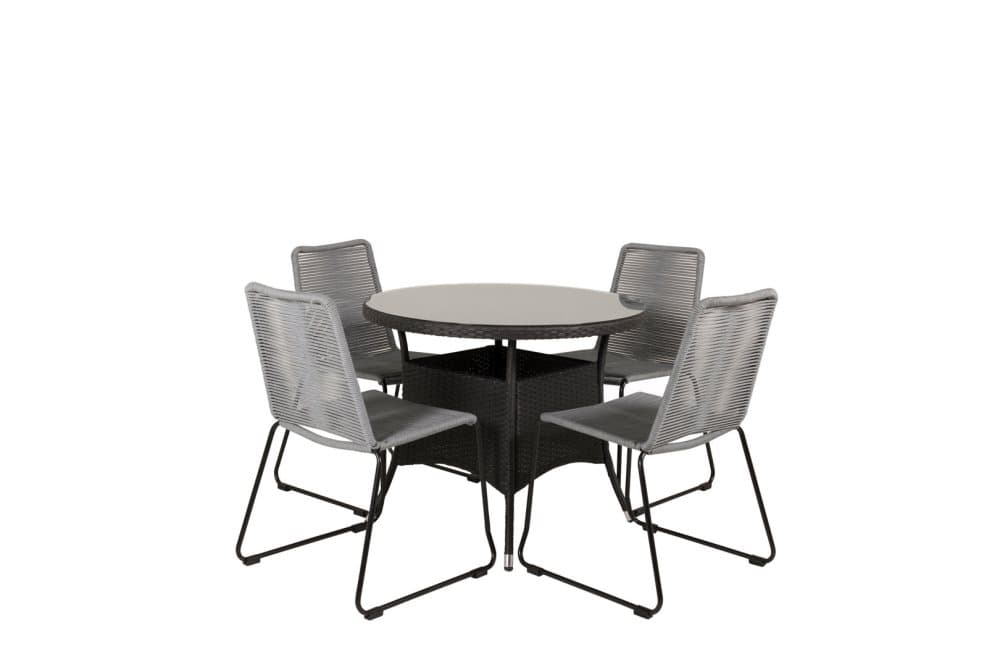 Volta Trädgårdset bord Ø90cm och 4 stole Lindos svart.