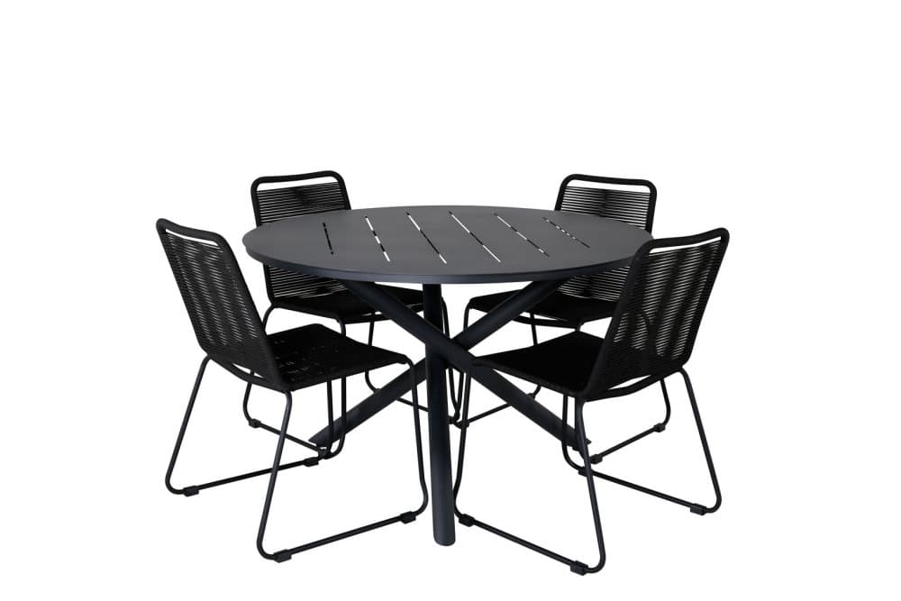 Alma Trädgårdset bord Ø120cm och 4 stole stapelS Lindos svart.