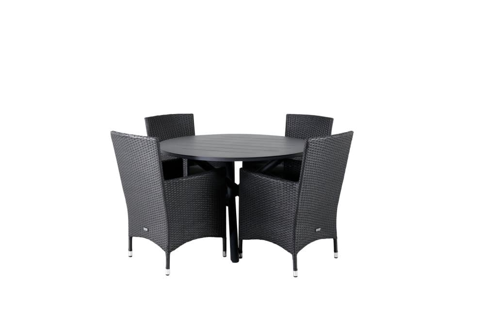 Alma Trädgårdset bord Ø120cm och 4 stole Malin svart.